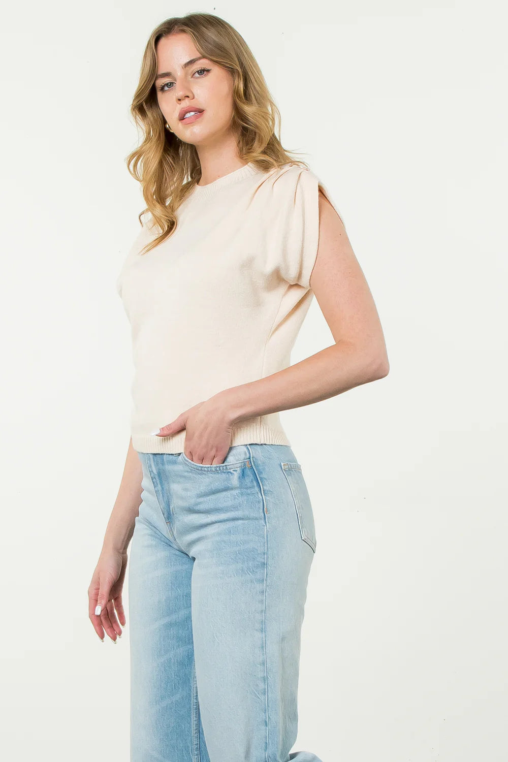 THML - Short Sleeve Knit Top - Cream