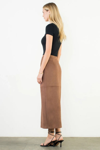 Front Slit Suede Long Skirt - Brown