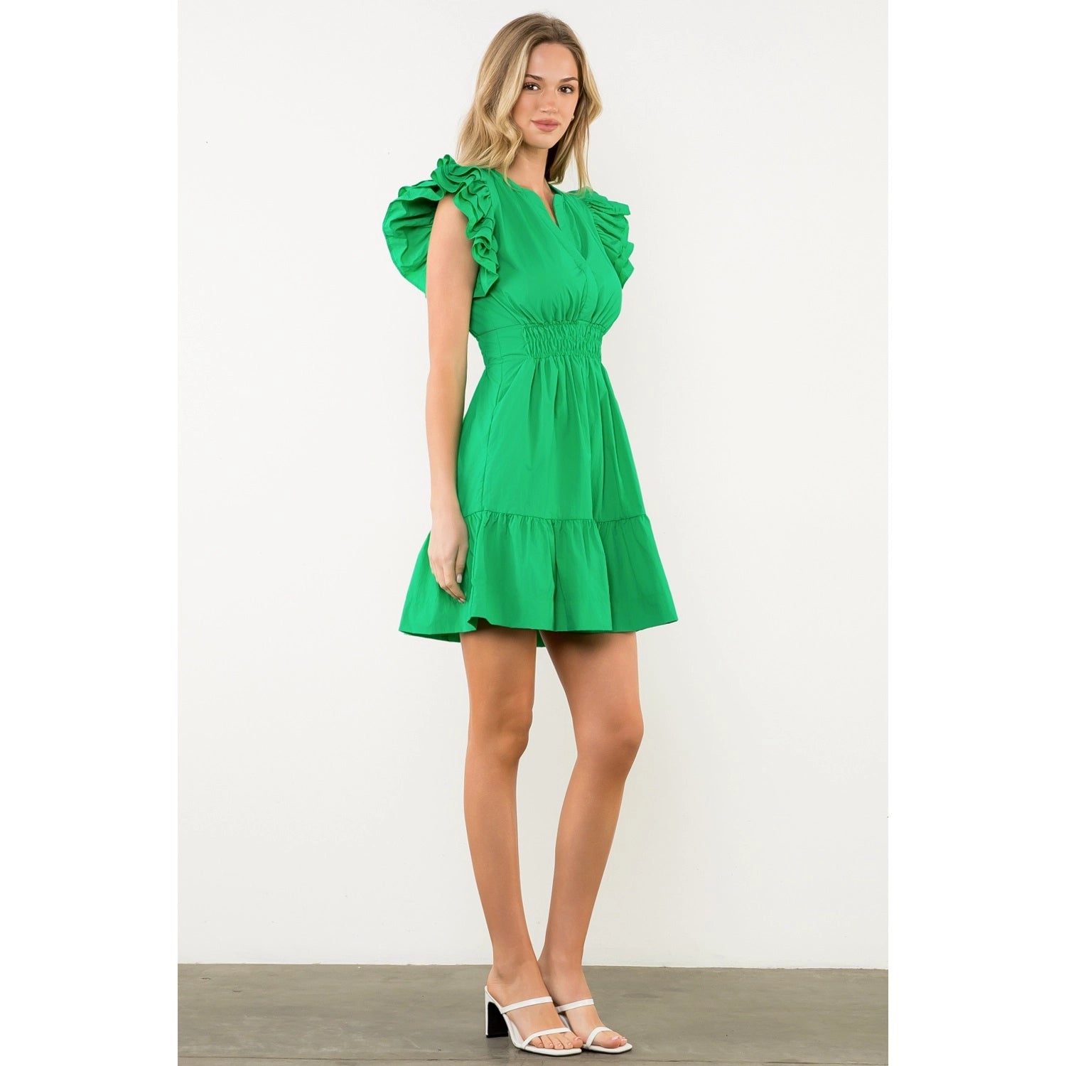 Smocked Waist Ruffle Sleeve Mini Dress - Green