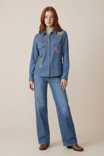 Embroidered Denim Button Down Shirt