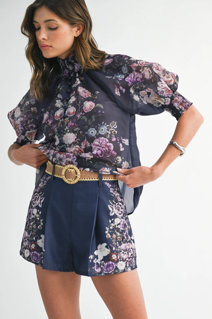 Floral Button Up Top and Short Set - Navy Flower