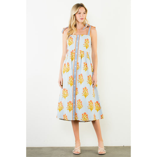 Tie Straps Floral Pattern Button Down Dress - Blue - Spinout