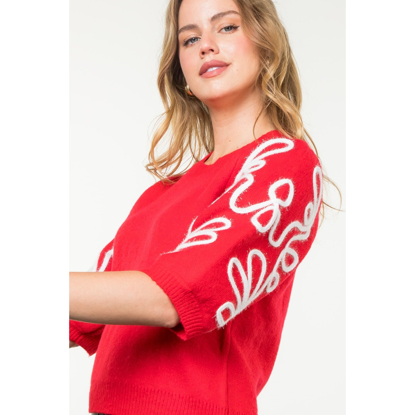 THML - Short Sleeve Embroidered Detail Knit Top - Red