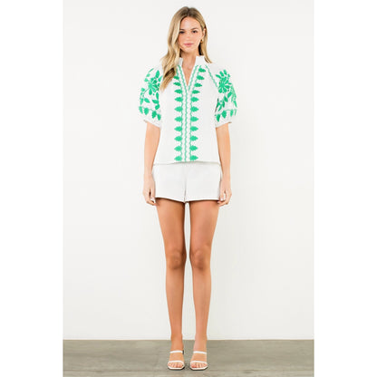 Embroidered Smocked Neck Puff Top - White