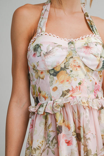 Floral Halter Mini Dress - Peach