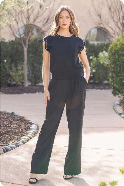 Pearl Trim Sleeveless Knit Sweater Top - Black