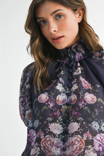 Floral Button Up Top and Short Set - Navy Flower