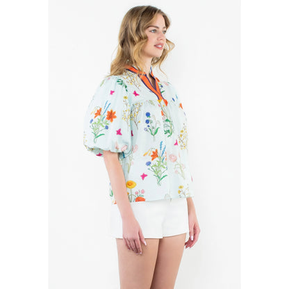 THML - Puff Sleeve Floral Top - Light Blue