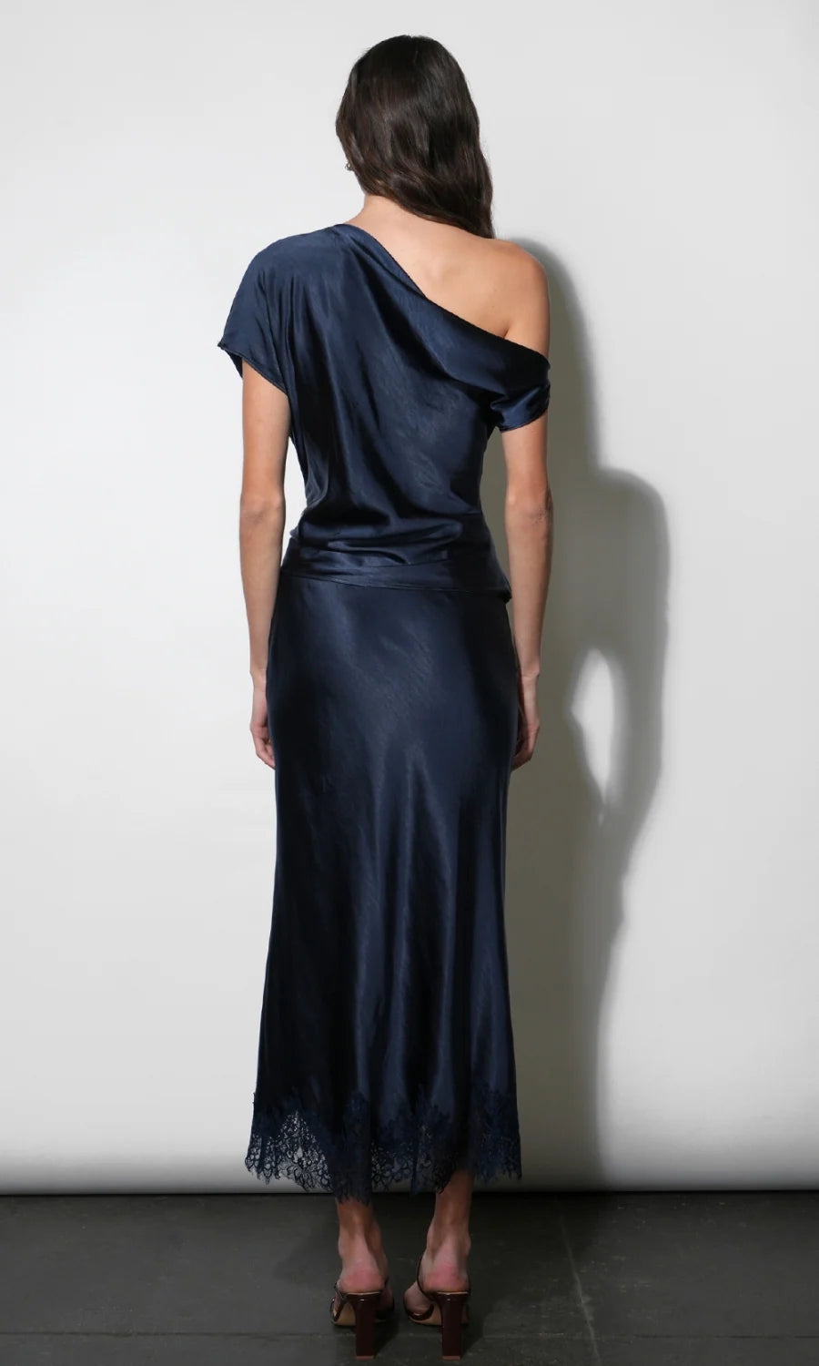 Nellie Asymmetric Satin Draped Off Shoulder Top - Navy