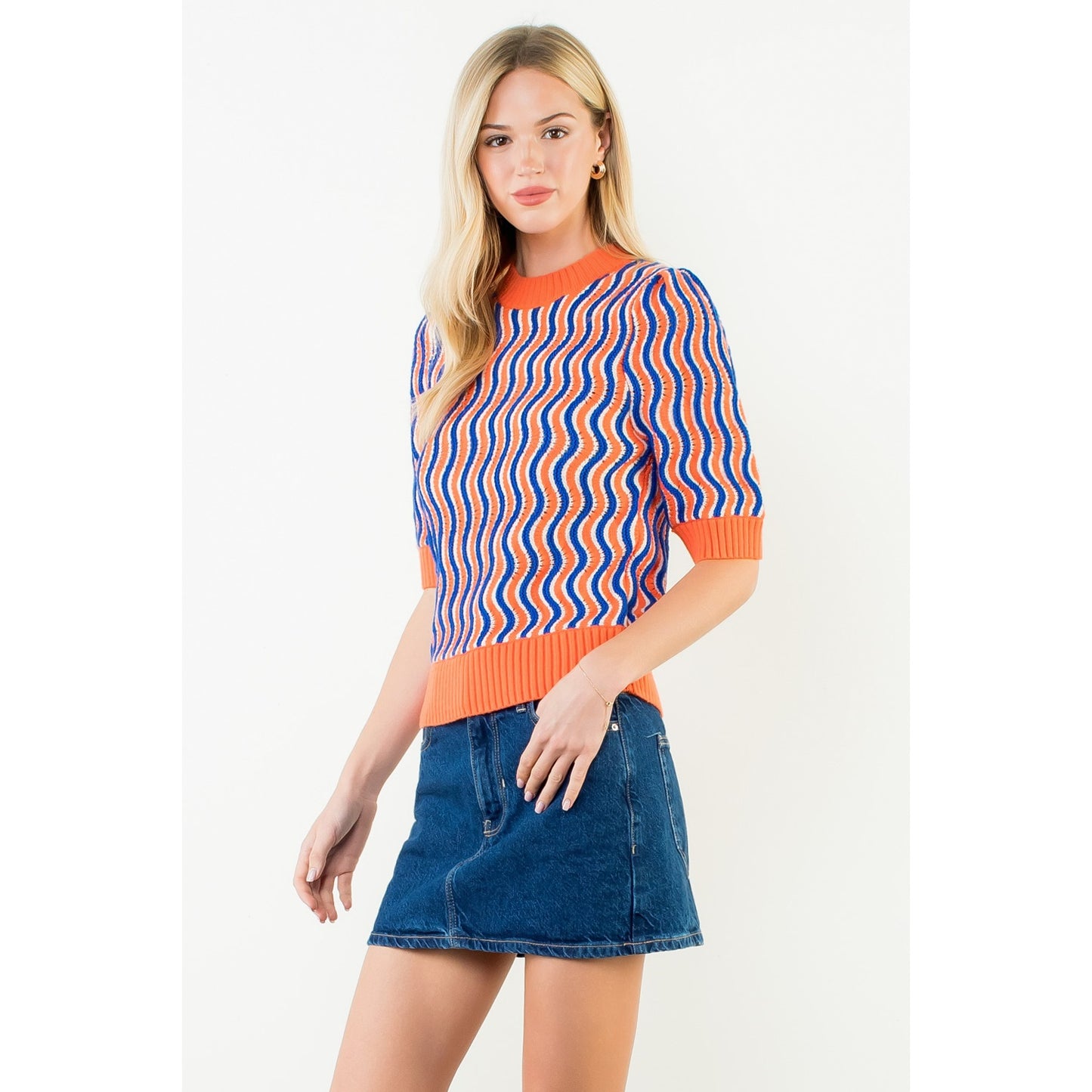 Short Sleeve Wavy Striped Top - Orange