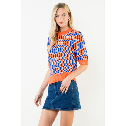 Short Sleeve Wavy Striped Top - Orange