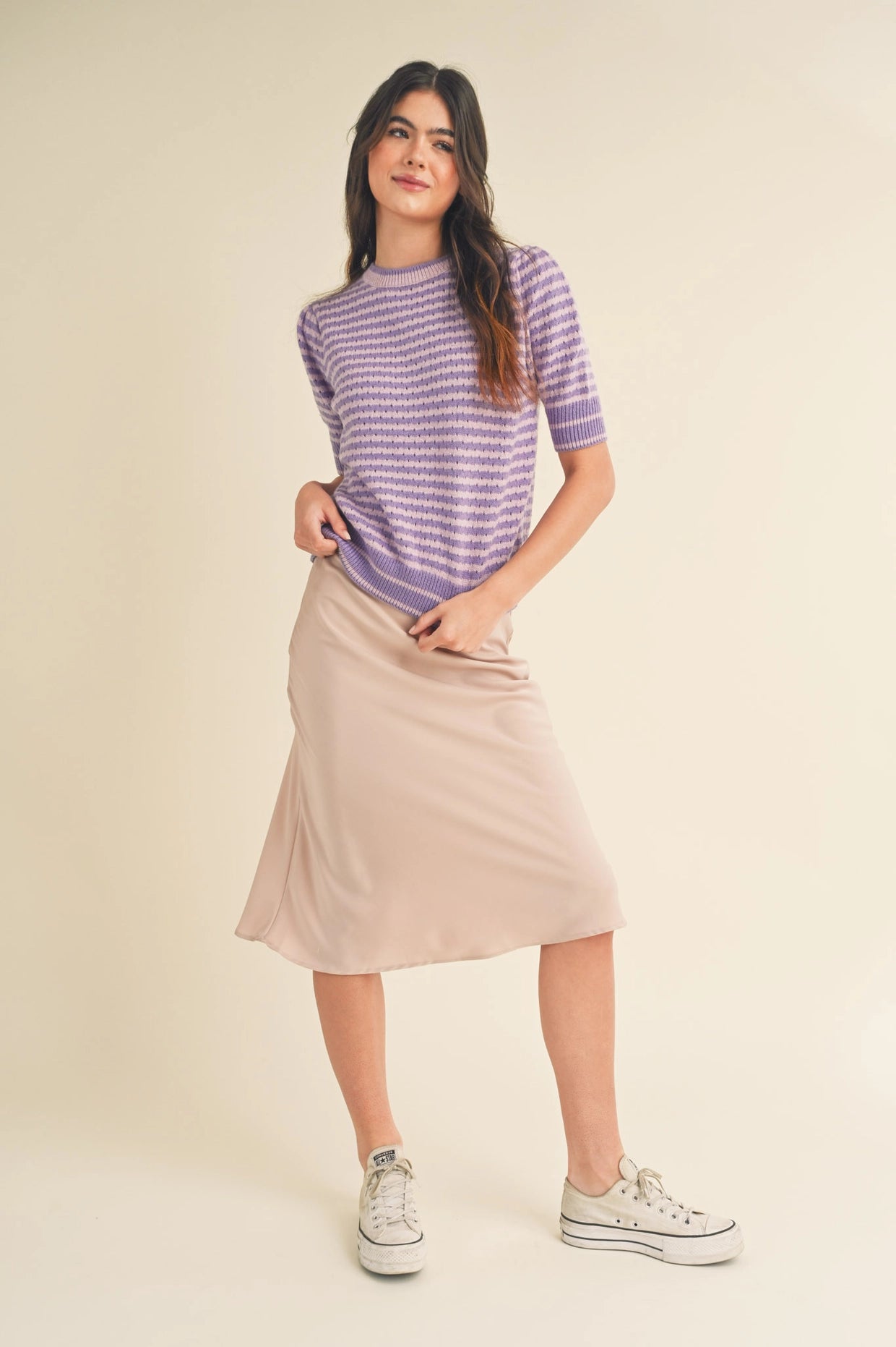 Striped Pointelle Knit Puff Sleeve Sweater - Pink Lavender