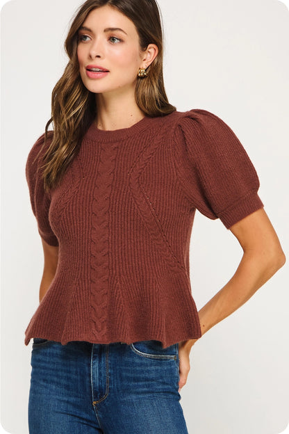 Flared Puff Sleeve Knit Top - Chocolate