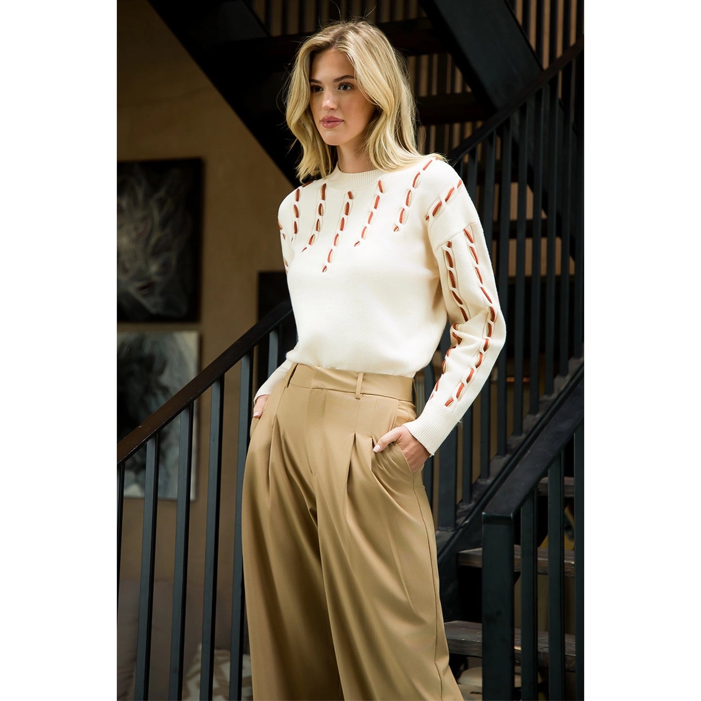 Long Sleeve Knit Sweater - Cream