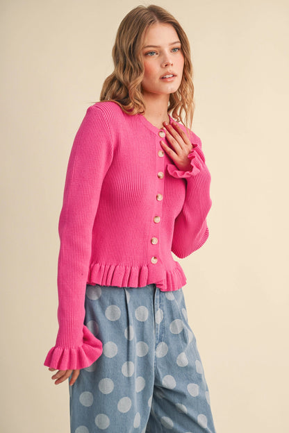 Ruffle Hem Ribbed Knit Sweater Cardigan - Electric Fuchsia