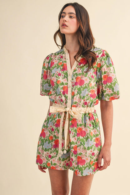 Bubble Sleeve Floral Print Romper - Cream Pink Floral
