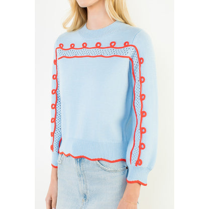 Long Sleeve Wavy Pattern Knitted Sweater - Blue