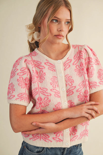 Floral Knit Short Puff Sleeve Sweater Cardigan - Pink