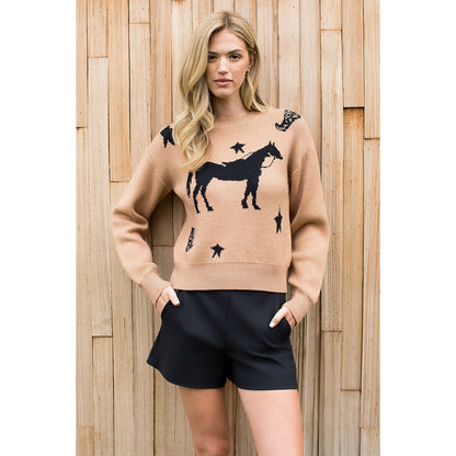Horse and Star Knit Sweater - Beige