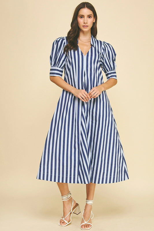 Striped V-Neck Midi Dress - Blue/Navy