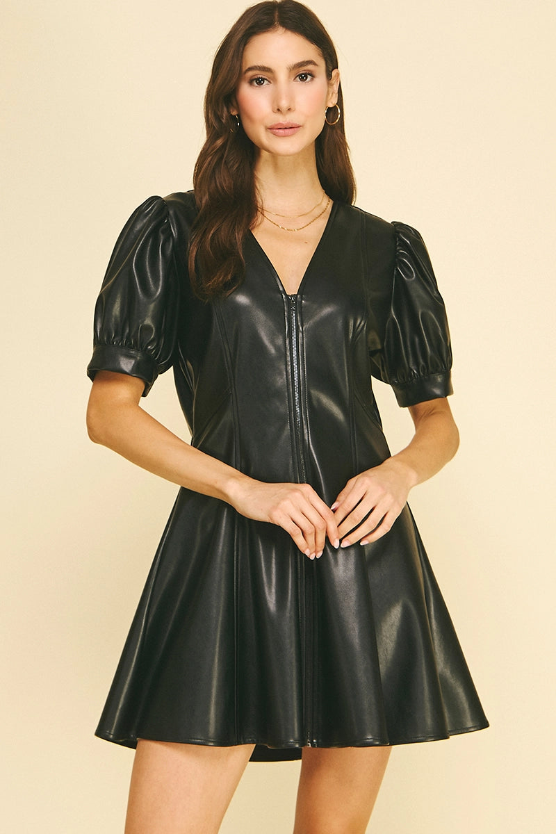 Faux Leather V-Neck Mini Dress - Black