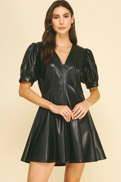 Faux Leather V-Neck Mini Dress - Black