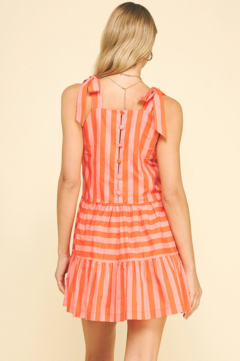 Striped Self-Tie Sleeve Mini Dress - Orange Coral