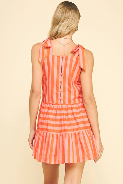 Striped Self-Tie Sleeve Mini Dress - Orange Coral