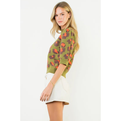 Short Sleeve Leopard Print Knit Top - Olive