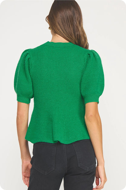 Flared Puff Sleeve Knit Top - Emerald