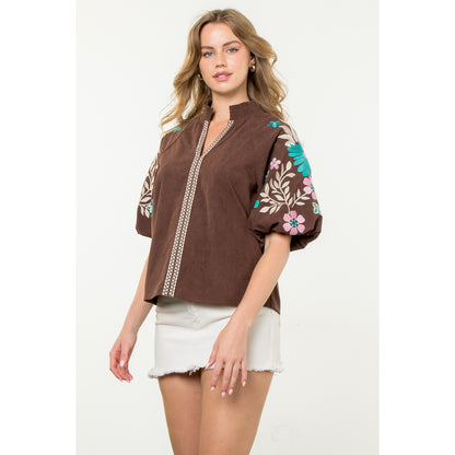 THML - Embroidered Puff Sleeve Corduroy Top - Brown