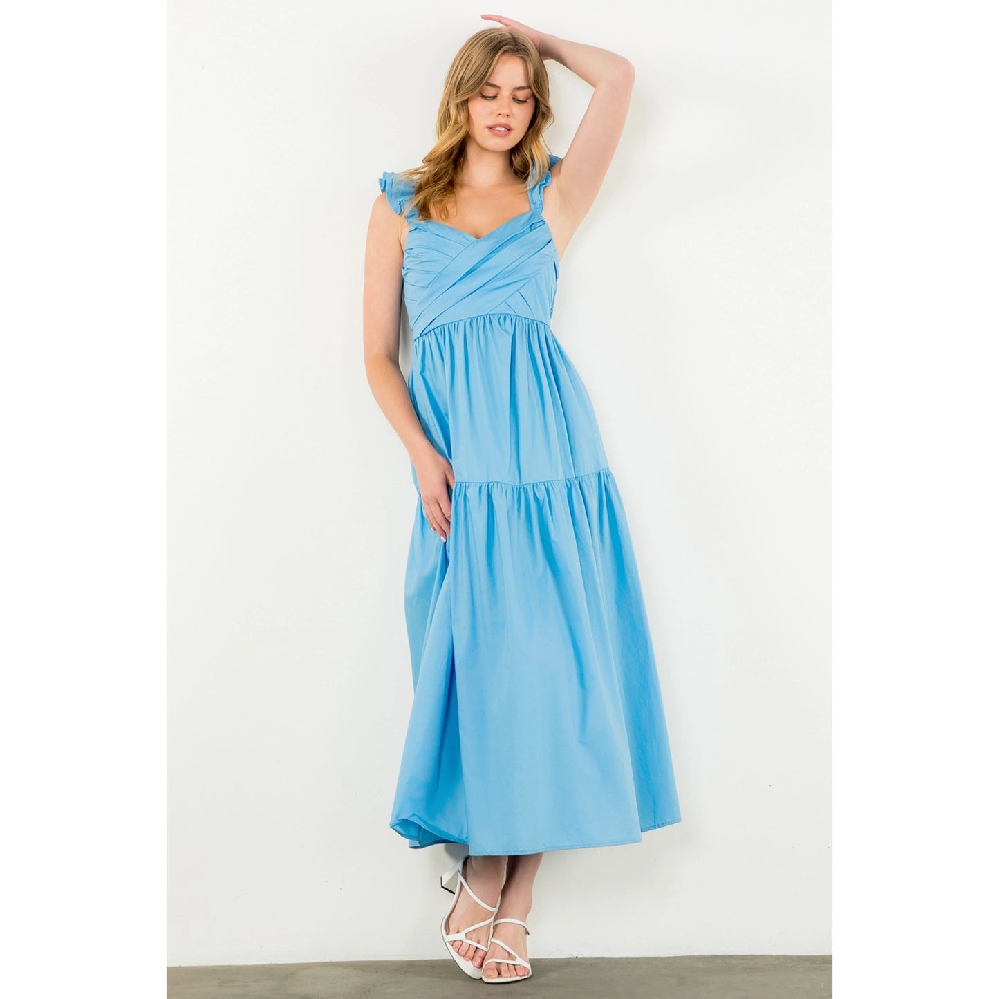 THML - Tiered Poplin Maxi Dress - Blue