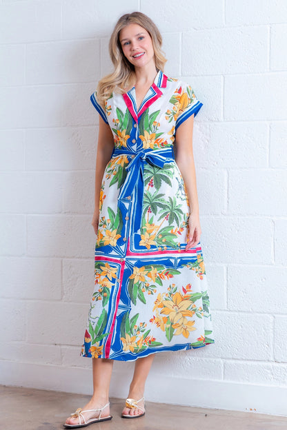 Button  Midi Dress - Ivory/Multi - Spinout