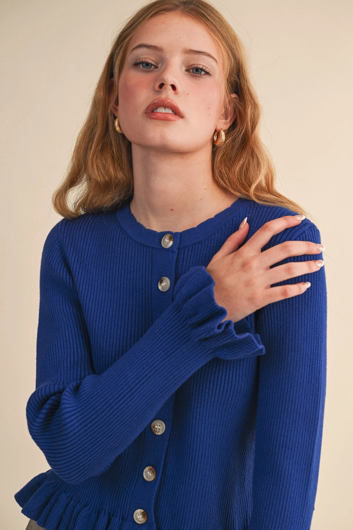 Ruffle Hem Ribbed Knit Sweater Cardigan - Royal Blue