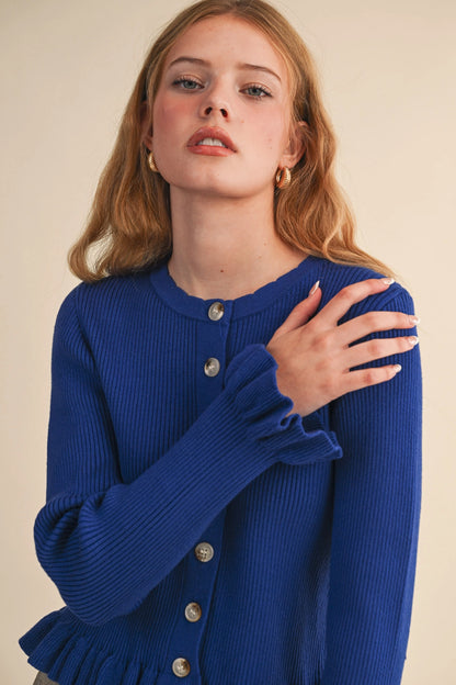 Ruffle Hem Ribbed Knit Sweater Cardigan - Royal Blue