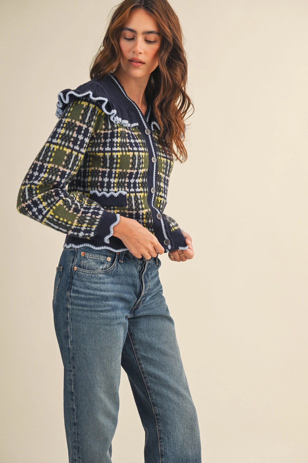 Ruffled Yoke Plaid Sweater Cardigan - Navy