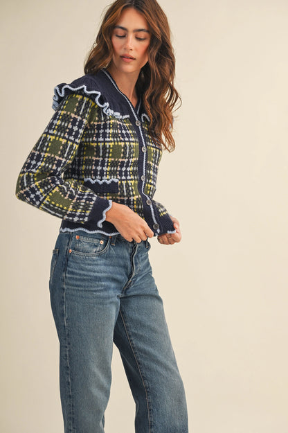 Ruffled Yoke Plaid Sweater Cardigan - Navy
