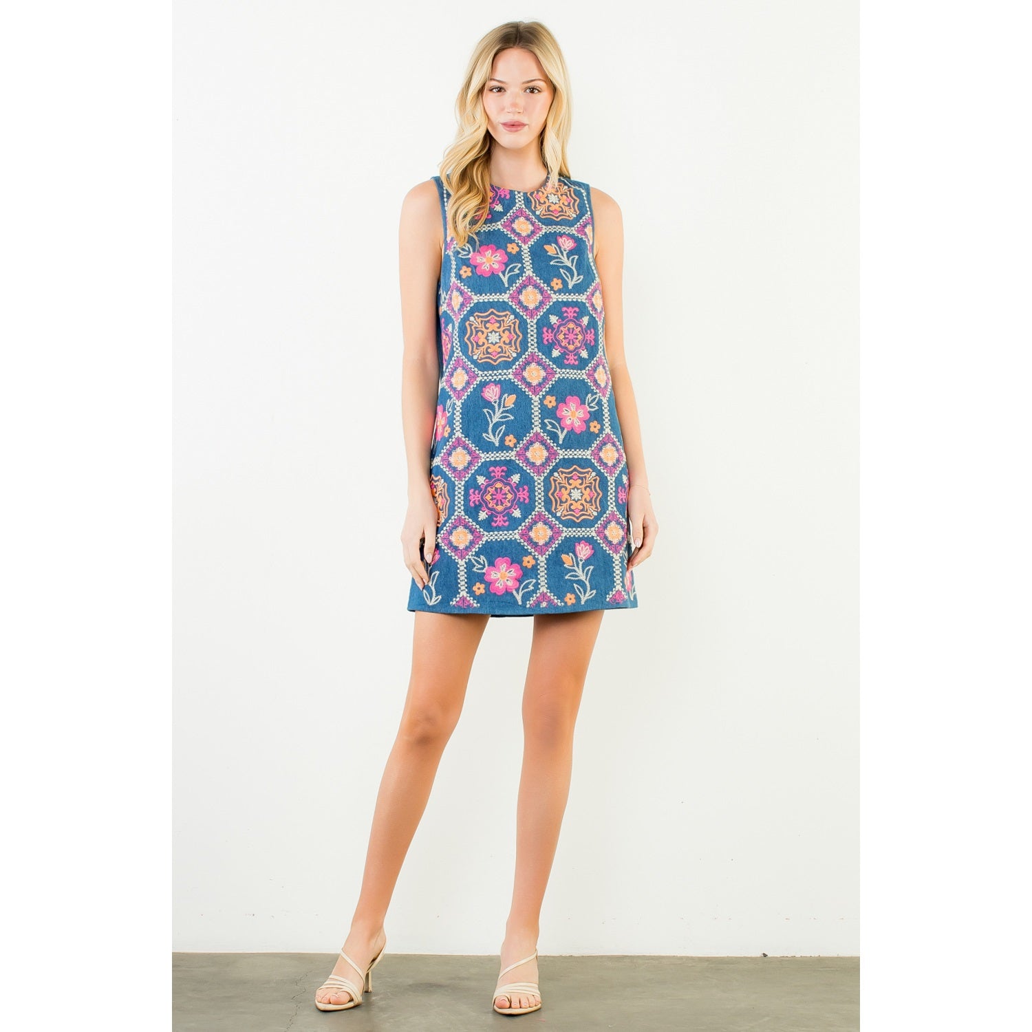 Sleeveless Embroidery Detail Dress - Denim Blue - Spinout