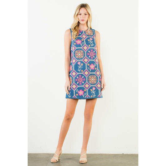 Sleeveless Embroidery Detail Dress - Denim Blue