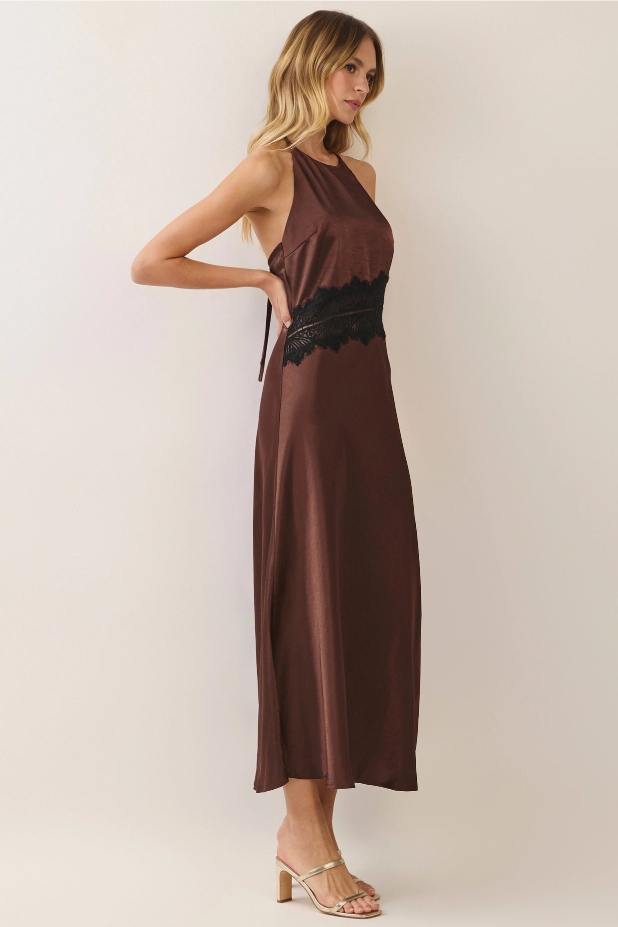 Lace Waist Satin Halter Maxi Dress - Chocolate