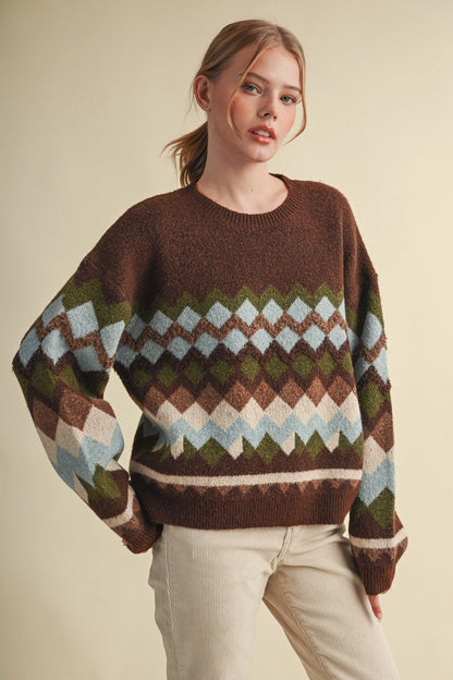 Fuzzy Texture Geometric Knit Sweater - Brown Multi