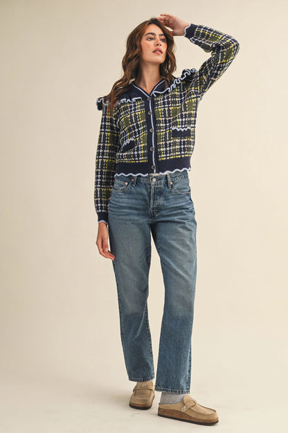 Ruffled Yoke Plaid Sweater Cardigan - Navy