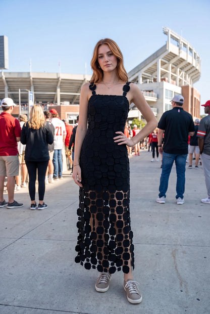 3D Lace Appliqué Fringe Hem Bodycon Midi Dress - Black