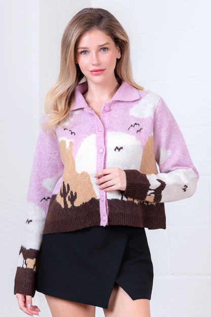 Cozy Sweater Knit Horse Cardigan - Pink/Taupe - Spinout