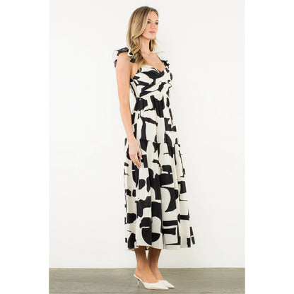 THML - Ruffle Strap Abstract Print Maxi Dress - Black