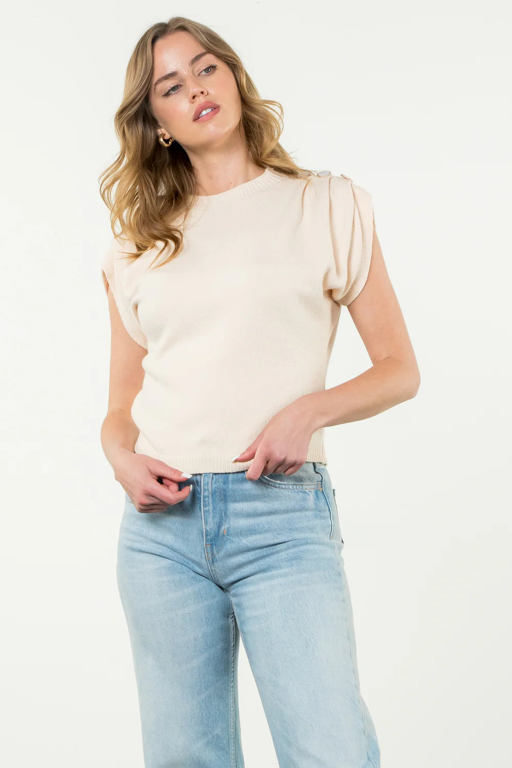 THML - Short Sleeve Knit Top - Cream