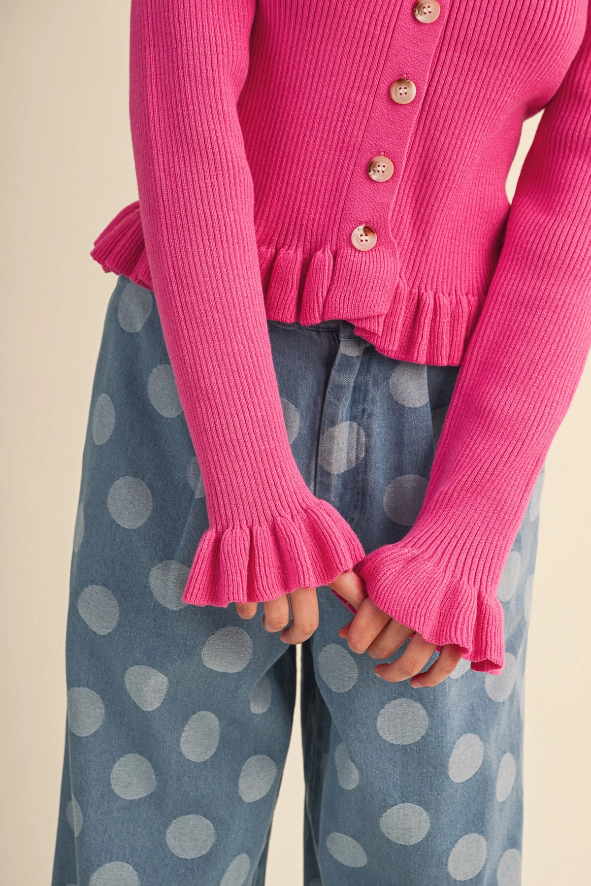 Ruffle Hem Ribbed Knit Sweater Cardigan - Electric Fuchsia