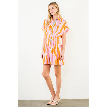 Short Sleeve Wavy Striped Pattern Dress - Pink