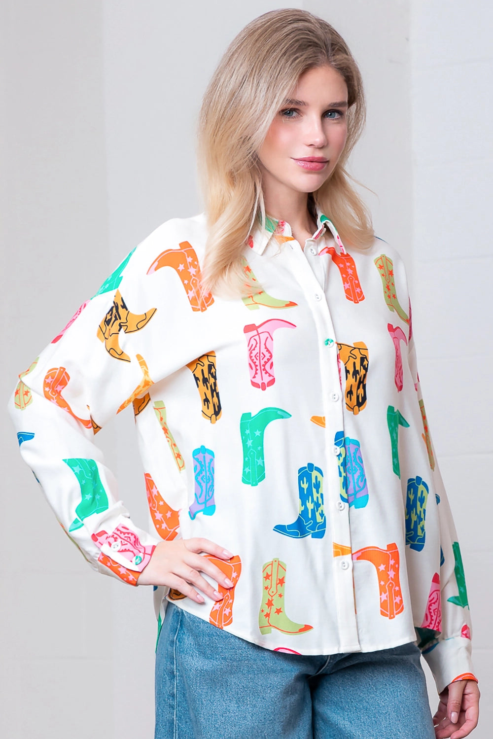 Printed Button Up Long Sleeve Top - Ivory Multi - Spinout