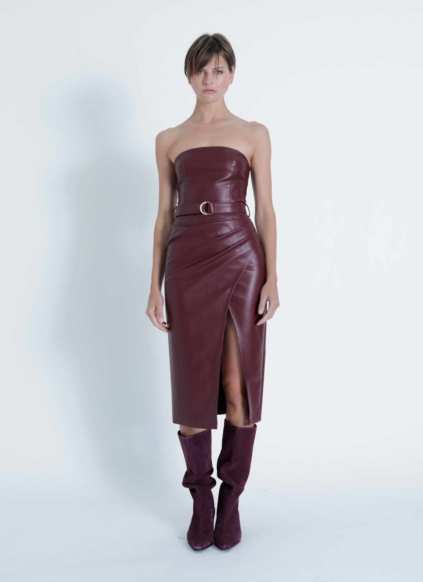 leather strapless midi dress Brown Faux Leather Strapless Bodycon Midi Dress